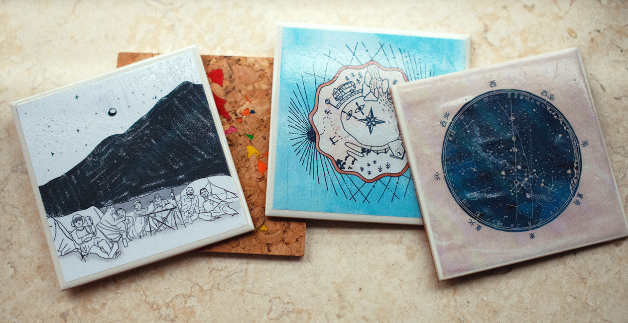 <h4><i>coasters</i></h4>
					<h4><b>December 2021</b></h4>
					<h4>I made sets of personalized coasters for friends and family. I made and printed the designs onto paper, laminated them on ceramic tiles using water-based glue, sealed with a waterproof lacquer and finished by glueing a thin layer of cork on the bottom. They’re not perfect and I wasn’t able to find the exact materials for what I need, but I think they turned out great!</h4>