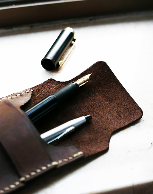 <h4><i>pen holder</i></h4>
					<h4><b>April 2019</b></h4>
					<h4> I made this pen holder for my friend’s birthday out of leather. I thought it was fitting since she’s also an artist!</h4>