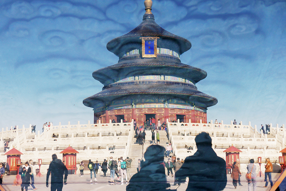 <h4><i> Temple of Heaven </i></h4>
					<h4><b> Beijing, China <br> Lumix LX100 <br> November 2018 </b></h4>
					<h4> The image of the temple is actually a reflection in the glass that cases traditional stone carvings. It creates an interesting illusion of light and shadows as the stone clouds peek through the sky. </h4>